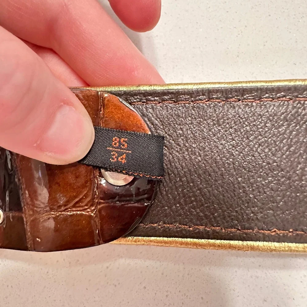 Nanni Italy Brown Crocodile Embossed Leather Belt Gold Engraved Buckle Size 34